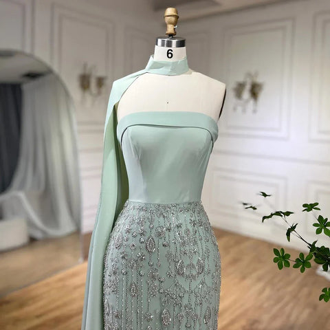 Luxury Sage Green Feathers Evening Dress with Scarf Cape LA72290