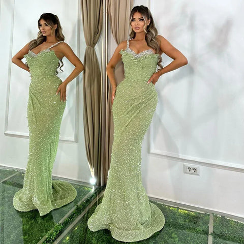 Sage Green Mermaid One Shoulder Beaded Crysal Luxury Dubai Evening Dresses Gowns For Women Party 2025 LA72419