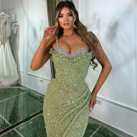 Sage Green Mermaid One Shoulder Beaded Crysal Luxury Dubai Evening Dresses Gowns For Women Party 2025 LA72419