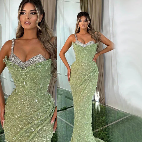 Sage Green Mermaid One Shoulder Beaded Crysal Luxury Dubai Evening Dresses Gowns For Women Party 2025 LA72419