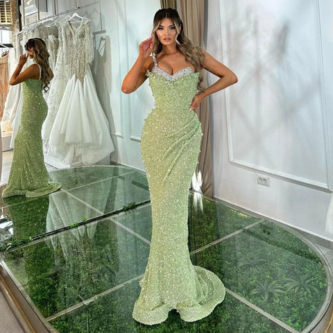 Sage Green Mermaid One Shoulder Beaded Crysal Luxury Dubai Evening Dresses Gowns For Women Party 2025 LA72419