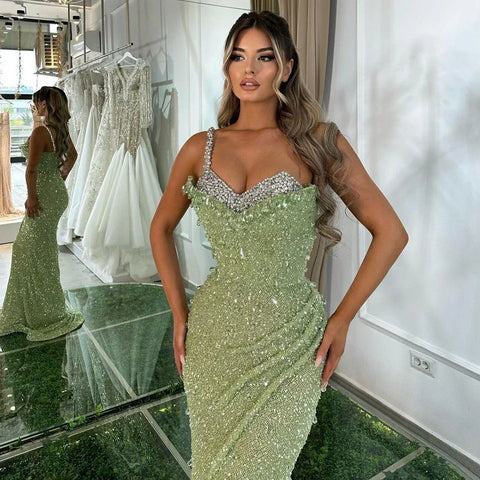 Sage Green Mermaid One Shoulder Beaded Crysal Luxury Dubai Evening Dresses Gowns For Women Party 2025 LA72419