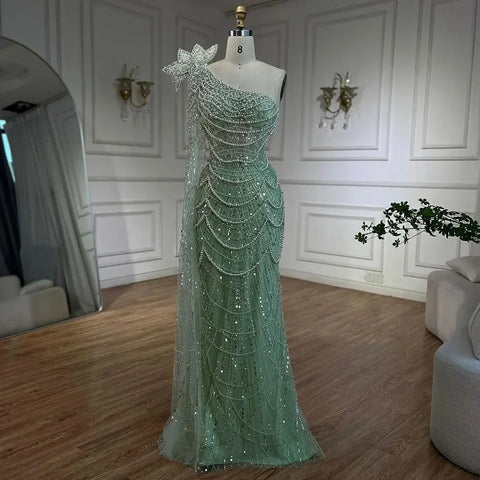 Sage Green Mermaid One Shoulder Pearls Luxury Dubai Arabic Evening Dresses Gowns For Women Wedding Party LA72511