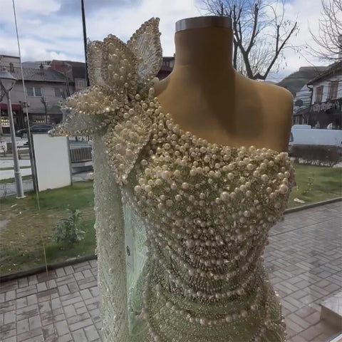 Sage Green Mermaid One Shoulder Pearls Luxury Dubai Arabic Evening Dresses Gowns For Women Wedding Party LA72511