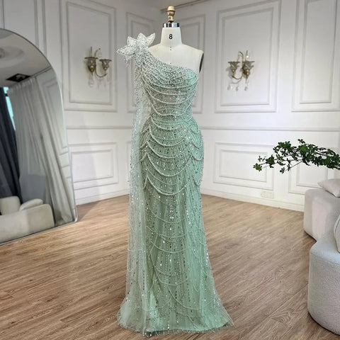Sage Green Mermaid One Shoulder Pearls Luxury Dubai Arabic Evening Dresses Gowns For Women Wedding Party LA72511
