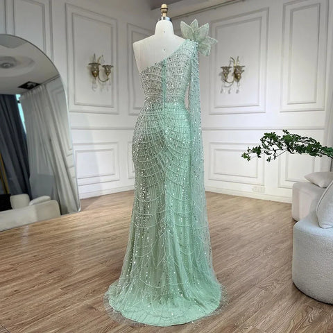 Sage Green Mermaid One Shoulder Pearls Luxury Dubai Arabic Evening Dresses Gowns For Women Wedding Party LA72511