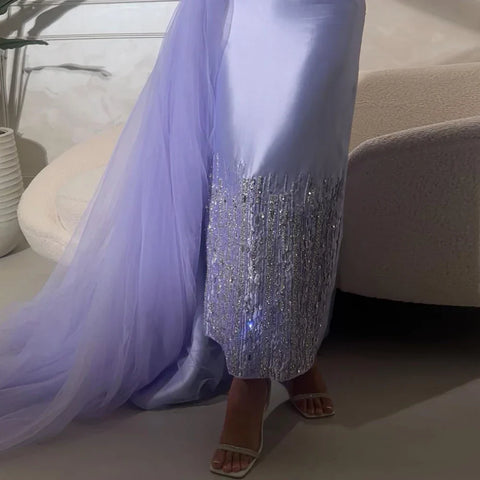 Sage Green Satin One-Shoulder Beaded Mermaid Tea-Length Evening Gown for Women - Wedding Party 2025 LA72194