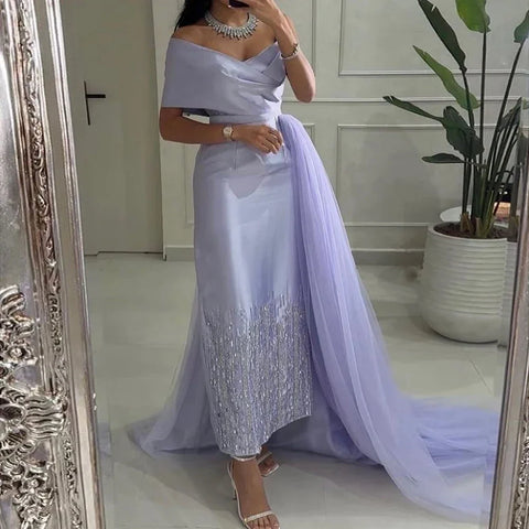 Sage Green Satin One-Shoulder Beaded Mermaid Tea-Length Evening Gown for Women - Wedding Party 2025 LA72194