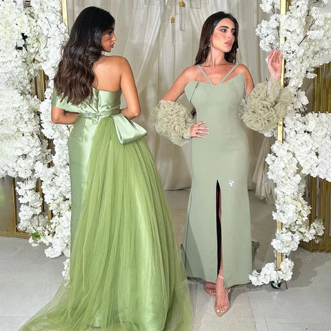 Sage Green Satin One-Shoulder Beaded Mermaid Tea-Length Evening Gown for Women - Wedding Party 2025 LA72194