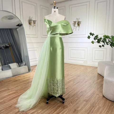 Sage Green Satin One-Shoulder Beaded Mermaid Tea-Length Evening Gown for Women - Wedding Party 2025 LA72194