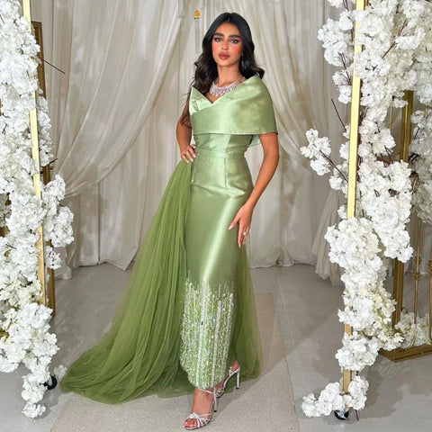 Sage Green Satin One-Shoulder Beaded Mermaid Tea-Length Evening Gown for Women - Wedding Party 2025 LA72194