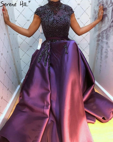 Robe de soirée trapèze verte en satin avec perles, col haut, manches courtes, modèle LA70761, 2025 