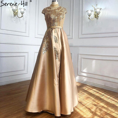 Robe de soirée trapèze verte en satin avec perles, col haut, manches courtes, modèle LA70761, 2025 