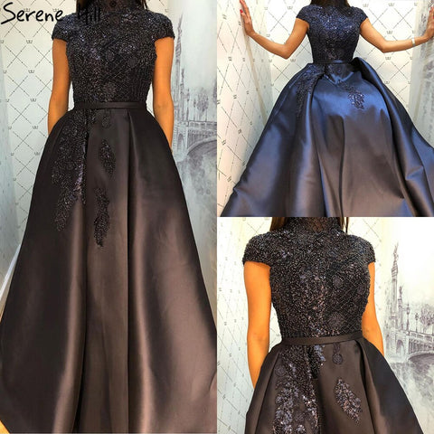 Robe de soirée trapèze verte en satin avec perles, col haut, manches courtes, modèle LA70761, 2025 