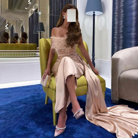 Satin With Skirt Mermaid Sexy Strapless Elegant Feather Evening Dresses Gowns 2025 For Women Arabic Party LA71854