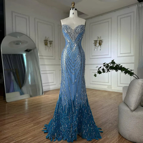 Saudi Arabic Blue Strapless Mermaid Evening Dresses Gowns Beaded For Formal Occasion LA72901 2025