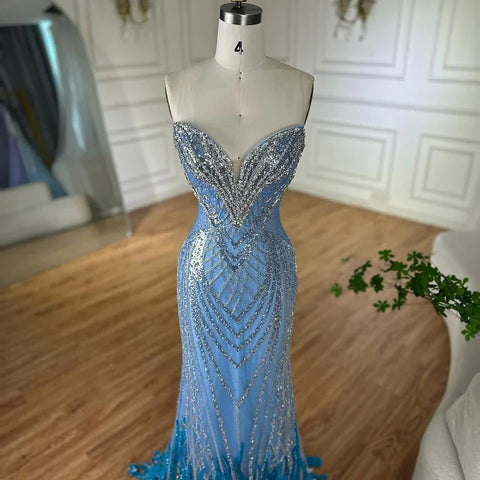 Saudi Arabic Blue Strapless Mermaid Evening Dresses Gowns Beaded For Formal Occasion LA72901 2025