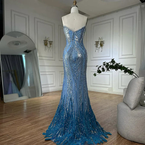 Saudi Arabic Blue Strapless Mermaid Evening Dresses Gowns Beaded For Formal Occasion LA72901 2025