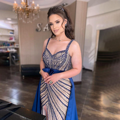 Sexy Blue Mermaid Detachable Skirt Sweetheart Beaded Luxury Arabic Party Dresses Formal Women Evening 2025 LA71786