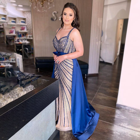 Sexy Blue Mermaid Detachable Skirt Sweetheart Beaded Luxury Arabic Party Dresses Formal Women Evening 2025 LA71786