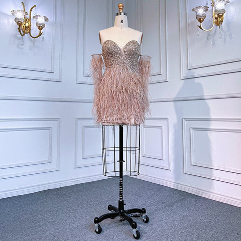 Sexy Blue Tube Top Long Sleeves Short Dresses Beaded Mermaid Feather Dress Cocktail Dresses For Women Party LA71770