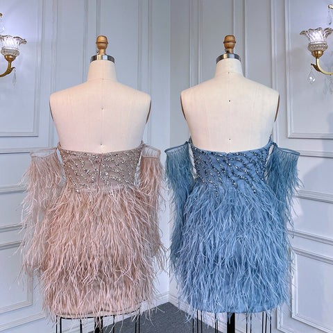 Sexy Blue Tube Top Long Sleeves Short Dresses Beaded Mermaid Feather Dress Cocktail Dresses For Women Party LA71770