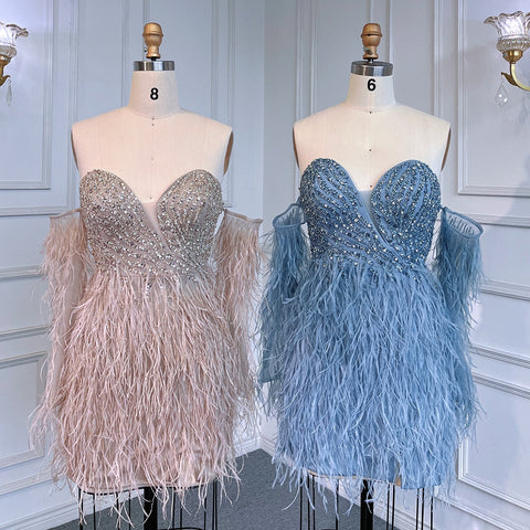 Sexy Blue Tube Top Long Sleeves Short Dresses Beaded Mermaid Feather Dress Cocktail Dresses For Women Party LA71770