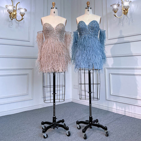 Sexy Blue Tube Top Long Sleeves Short Dresses Beaded Mermaid Feather Dress Cocktail Dresses For Women Party LA71770