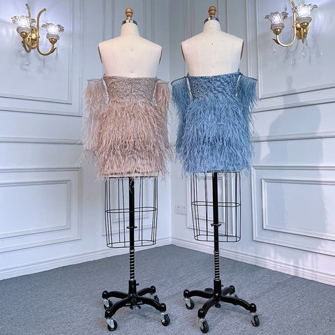 Sexy Blue Tube Top Long Sleeves Short Dresses Beaded Mermaid Feather Dress Cocktail Dresses For Women Party LA71770