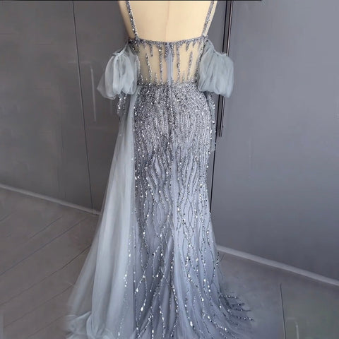 Sexy Gray Beaded  Party High Split  Spaghetti Straps Mermaid Balloon Sleeves Evening Dresses Gowns 2025 LA71571A