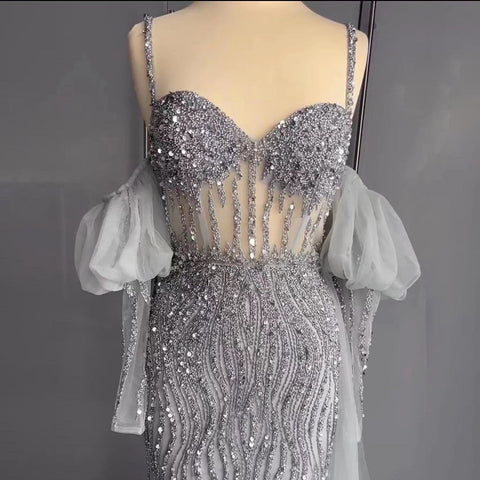 Sexy Gray Beaded  Party High Split  Spaghetti Straps Mermaid Balloon Sleeves Evening Dresses Gowns 2025 LA71571A