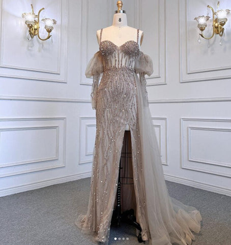 Sexy Gray Beaded  Party High Split  Spaghetti Straps Mermaid Balloon Sleeves Evening Dresses Gowns 2025 LA71571A