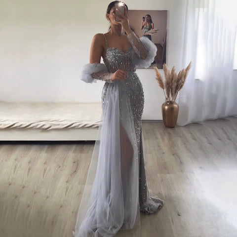 Sexy Gray Beaded  Party High Split  Spaghetti Straps Mermaid Balloon Sleeves Evening Dresses Gowns 2025 LA71571A