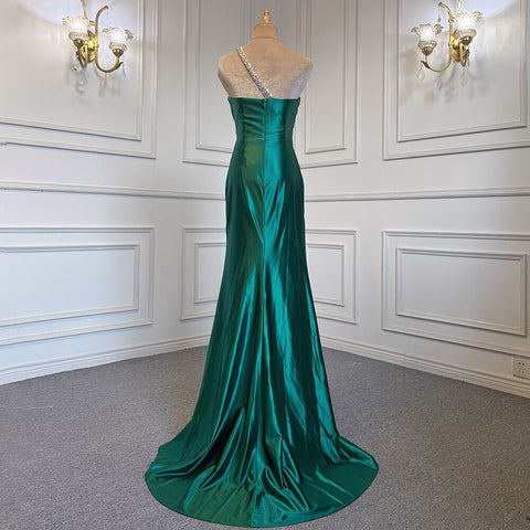 Sexy Green One Shoulder Satin Arabic Evening Dresses Gowns Beaded Mermaid Elegant Luxury For Women Party LA71739