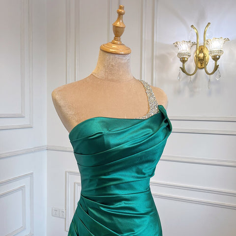 Sexy Green One Shoulder Satin Arabic Evening Dresses Gowns Beaded Mermaid Elegant Luxury For Women Party LA71739