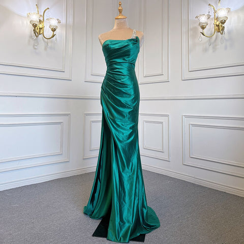 Sexy Green One Shoulder Satin Arabic Evening Dresses Gowns Beaded Mermaid Elegant Luxury For Women Party LA71739