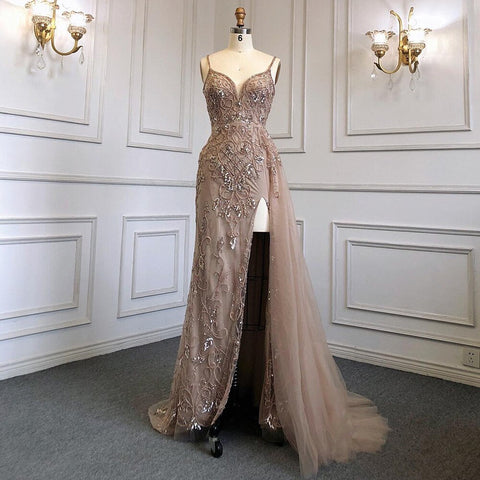 Robe de soirée sirène verte sexy à bretelles spaghetti et fente haute, style arabe, avec perles, modèle 2025, LA71568 