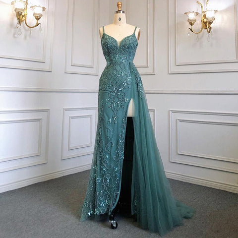 Robe de soirée sirène verte sexy à bretelles spaghetti et fente haute, style arabe, avec perles, modèle 2025, LA71568 
