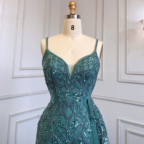 Robe de soirée sirène verte sexy à bretelles spaghetti et fente haute, style arabe, avec perles, modèle 2025, LA71568 