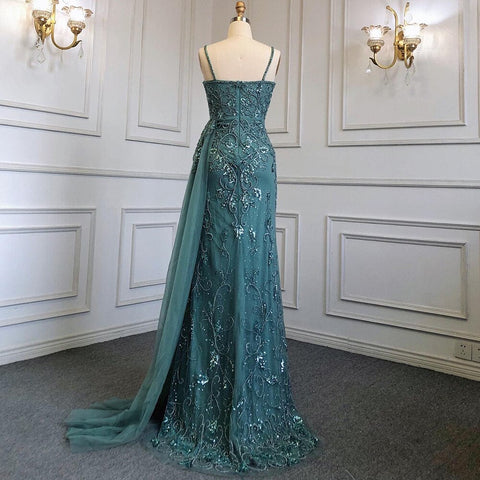 Robe de soirée sirène verte sexy à bretelles spaghetti et fente haute, style arabe, avec perles, modèle 2025, LA71568 