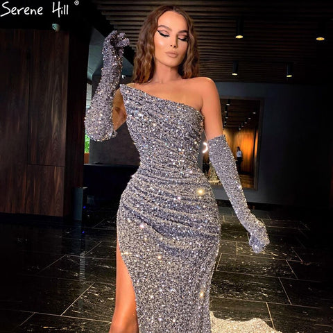 Sexy Mermaid Silver Luxury With Detachable Sleeves Split Elegant Evening Gowns For Women Party LA70954
