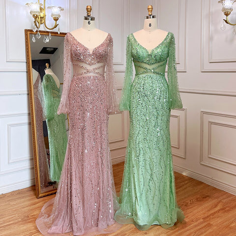 Sexy Mint Mermaid Elegant V-Neck Beaded Luxury Arabic Shiny Evening Dresses Gowns For Women Party 2025 LA71784