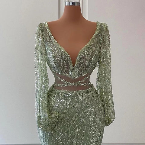Sexy Mint Mermaid Elegant V-Neck Beaded Luxury Arabic Shiny Evening Dresses Gowns For Women Party 2025 LA71784