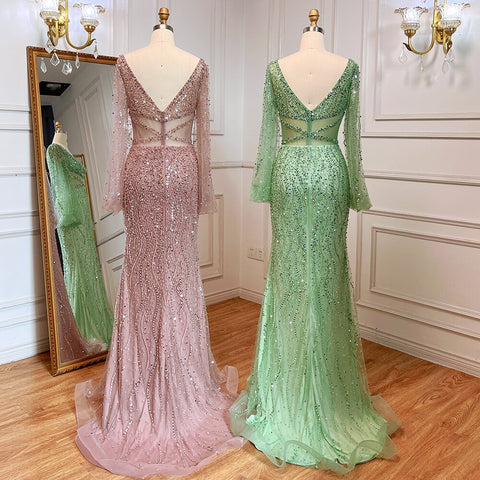 Sexy Mint Mermaid Elegant V-Neck Beaded Luxury Arabic Shiny Evening Dresses Gowns For Women Party 2025 LA71784