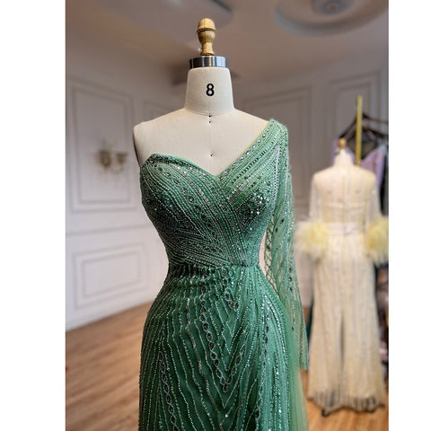 Sexy One Shoulder Split Mint Mermaid Beaded Arabic Evening Dresses Gowns For Woman Wedding Party 2025 LA71859