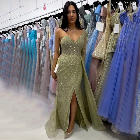 Sexy One Shoulder Split Mint Mermaid Beaded Arabic Evening Dresses Gowns For Woman Wedding Party 2025 LA71859
