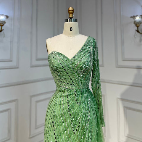 Sexy One Shoulder Split Mint Mermaid Beaded Arabic Evening Dresses Gowns For Woman Wedding Party 2025 LA71859