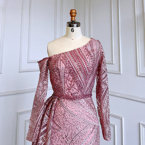 Sexy Pink Mermaid Elegant One Shoulder With Overskirt Luxury Beaded Evening Dresses Gowns For Women Party LA71771