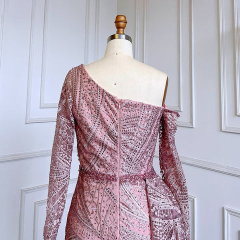 Sexy Pink Mermaid Elegant One Shoulder With Overskirt Luxury Beaded Evening Dresses Gowns For Women Party LA71771