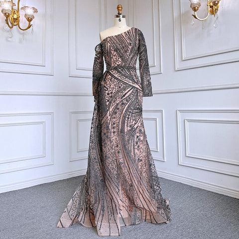 Sexy Pink Mermaid Elegant One Shoulder With Overskirt Luxury Beaded Evening Dresses Gowns For Women Party LA71771